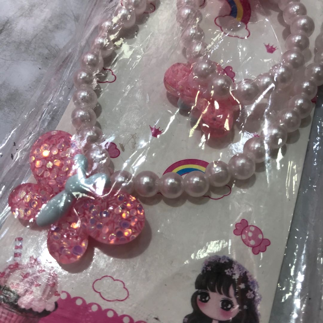 Children's necklace, bracelet, girl, princess, butterfly, pearl two-piece jewelry set, cute baby, girl accessories, warm and cozy Specification image