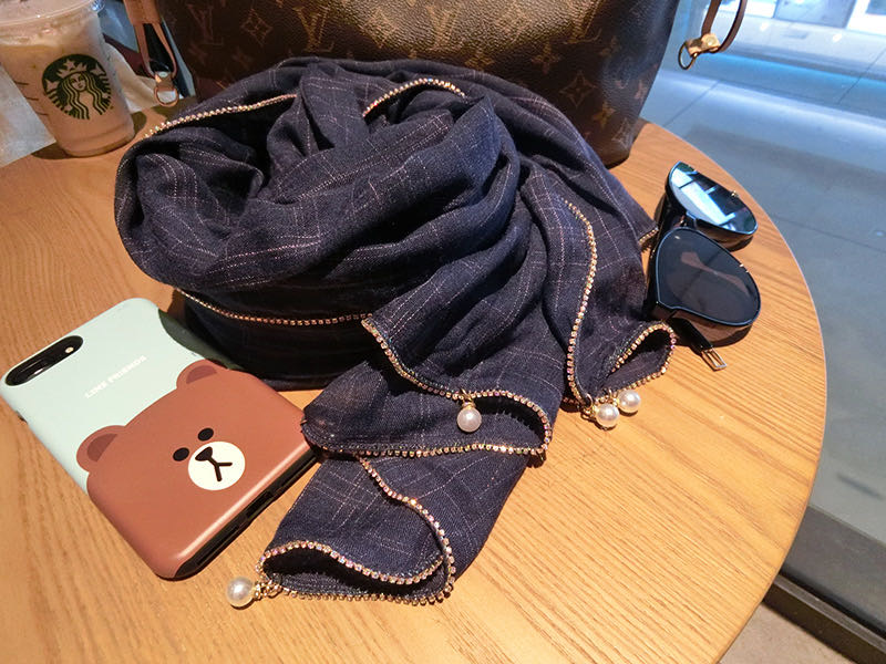 Dark Blue Scarf Thin Silk Scarf With Pearl Temperament Simple Specification drawing