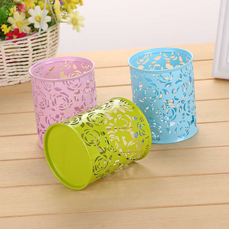 文具收纳笔筒镂空玫瑰绣花金属圆形笔筒