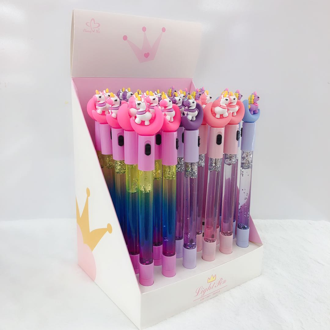 Factory direct sale of flowing sand ballpoint pen with light 2020 Unicorn Shape details Picture
