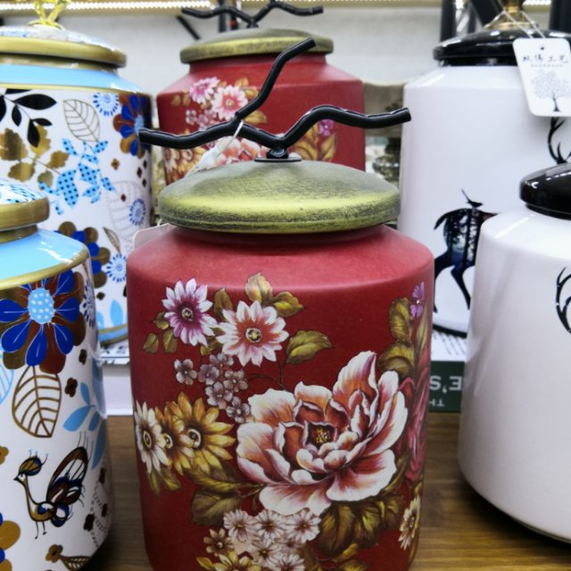 复古华丽红花款收纳罐陶瓷工艺品摆件外贸出口