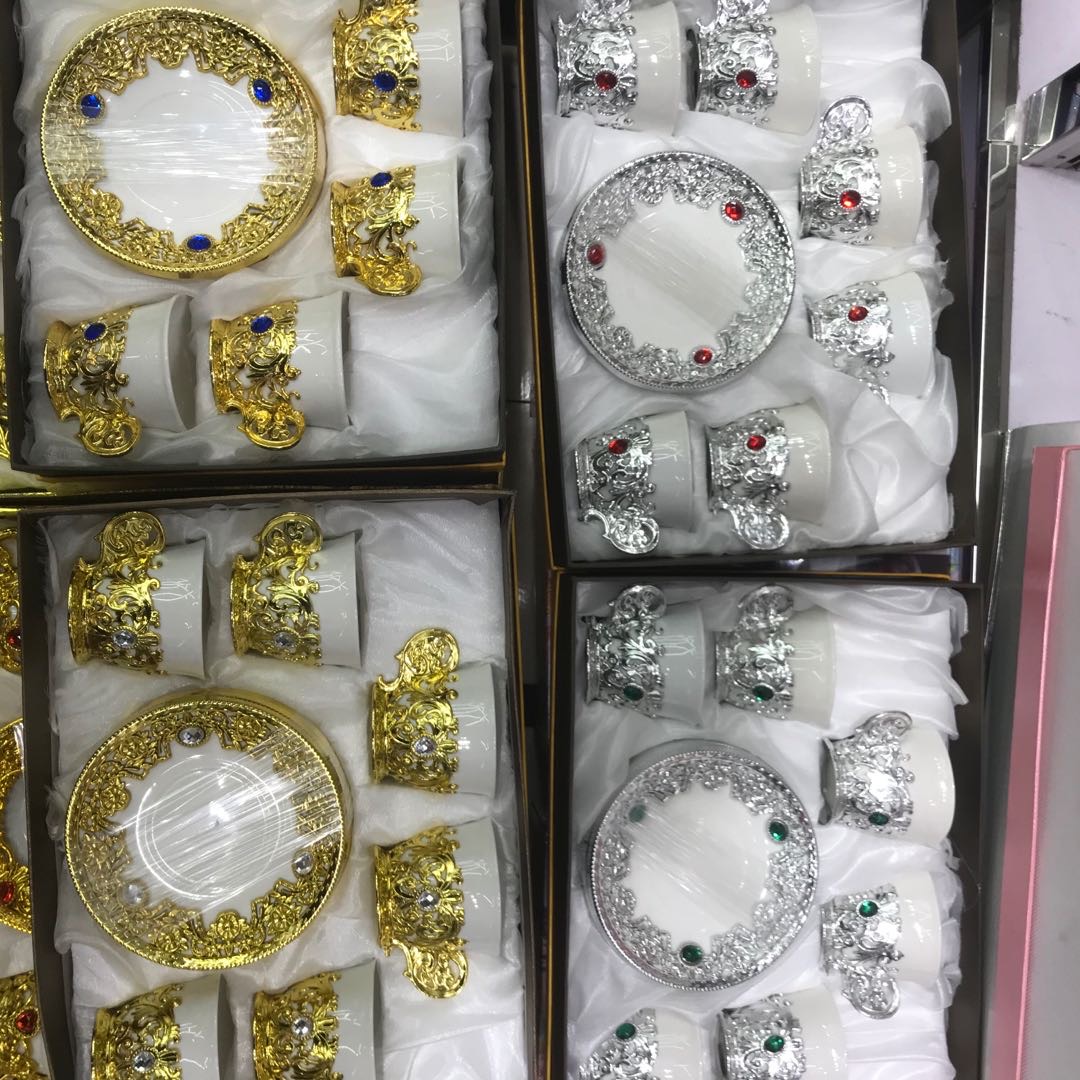 高档贴钻仿合金咖啡杯碟6杯6碟工艺盒包装细节图