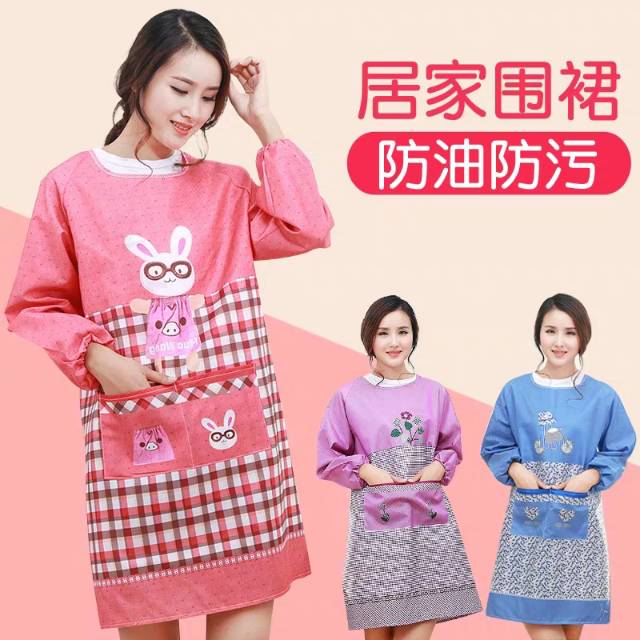 Apron, long-sleeved waterproof and oil-resistant work clothes for home kitchen, fashionable Korean style for women, cooking waistband, wearing the cover-up inside out details Picture