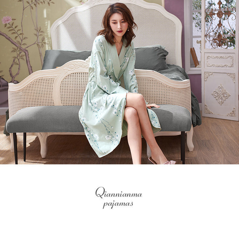 Plus-size nightgown, pure cotton, long sleeve bathrobe, Japanese kimono, middle length robe for women
