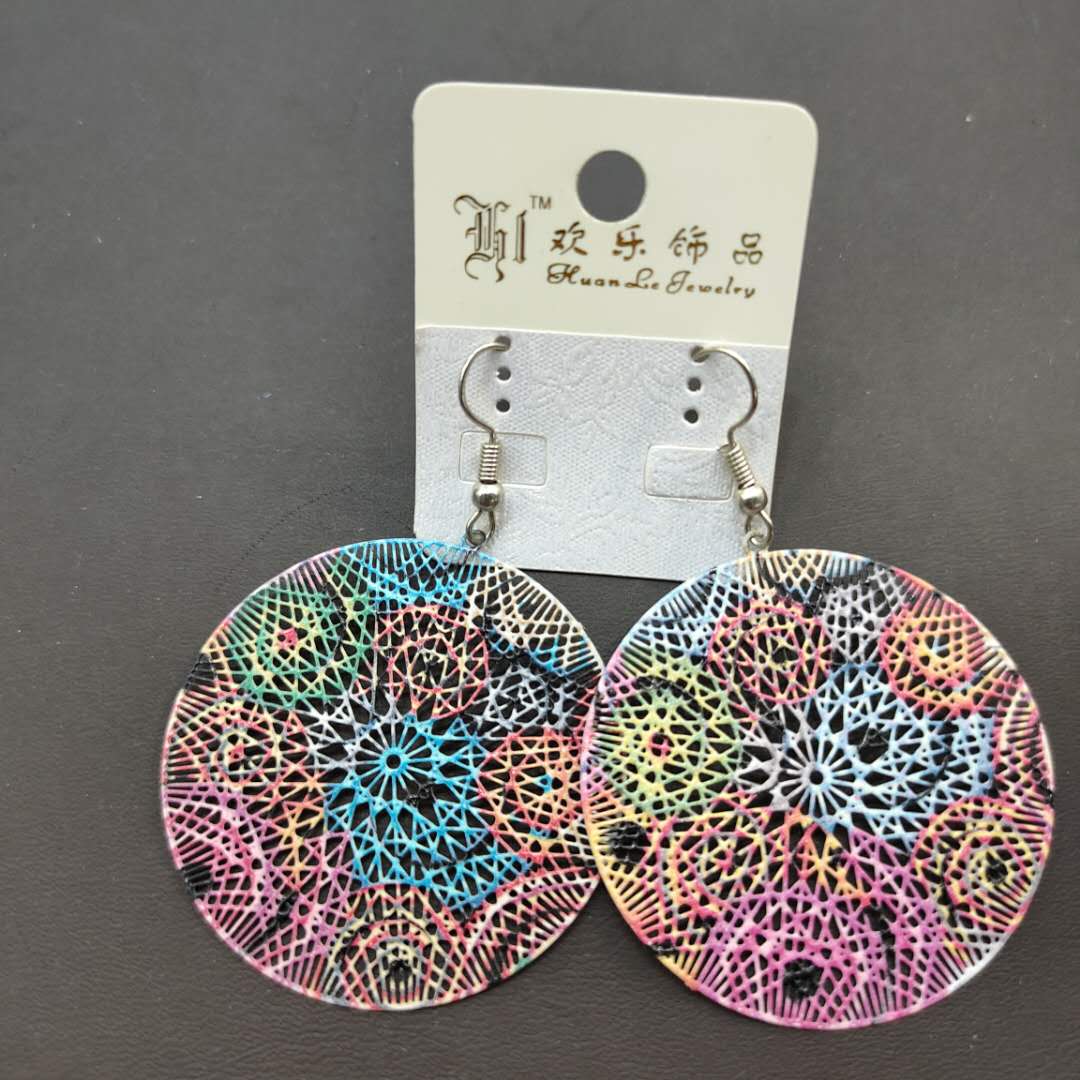 流行民族风经典多彩镂空纹路圆片坠子女气质金属耳饰