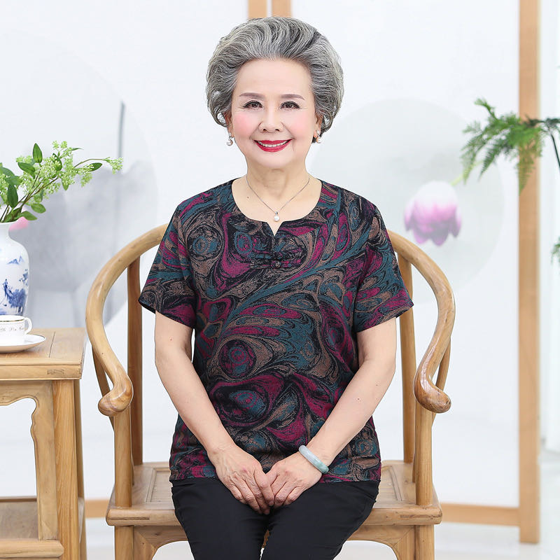 中老年人夏季棉绸短袖套装女奶奶装衣服妈妈时尚两件套产品图