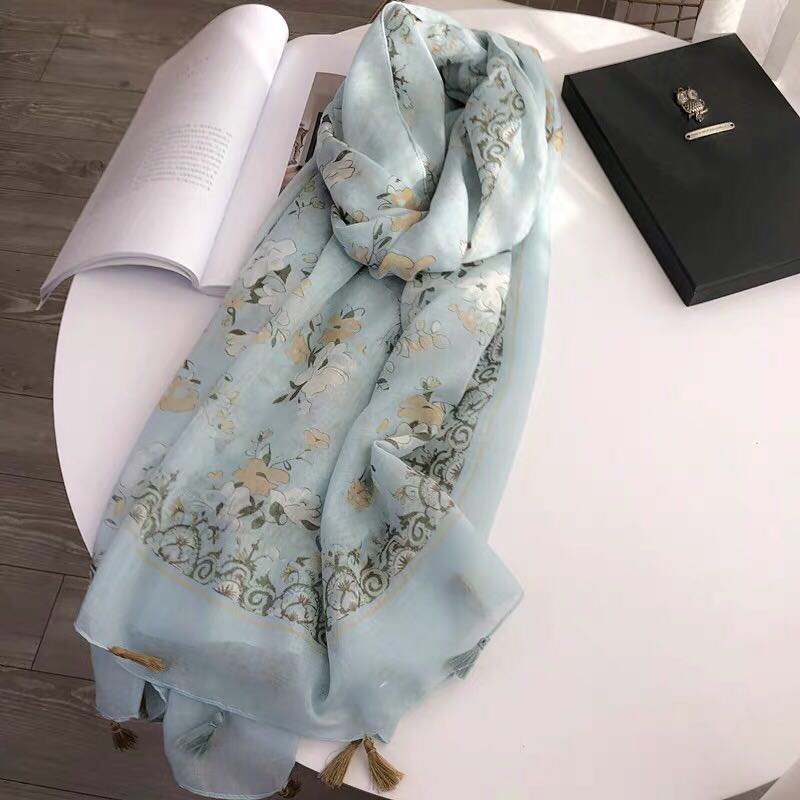 Ladies Fashion Casual Spring And Autumn New Thin Gray Blue Printed Silk Scarf Scarf details Picture