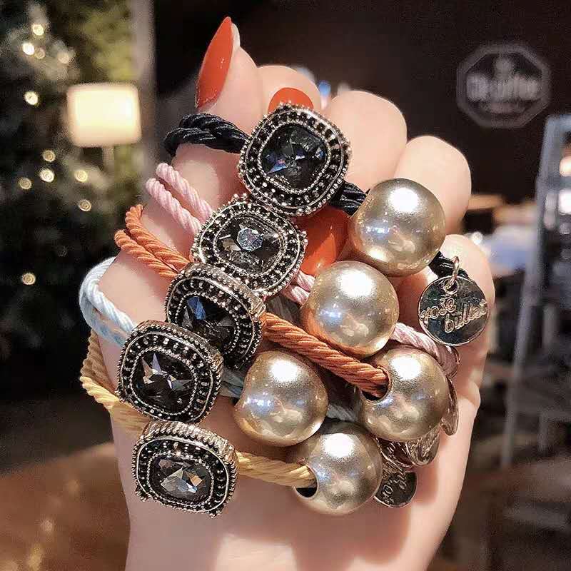 Spring new style full diamond gold bead hair band for women, simple and elegant, adult hair tie, high elasticity, thick hair band headwear