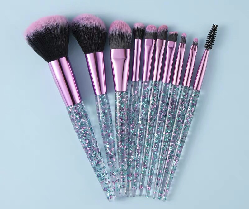 10 pieces of flowing sand crystal makeup set brush, pu wrapped with sequin handle, new product, fiber bristle purple-red aluminum tube makeup tool Specification image
