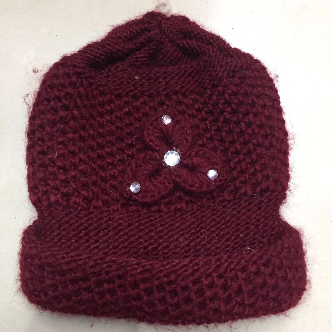 花朵纯色加绒加厚保暖帽针织帽老人帽