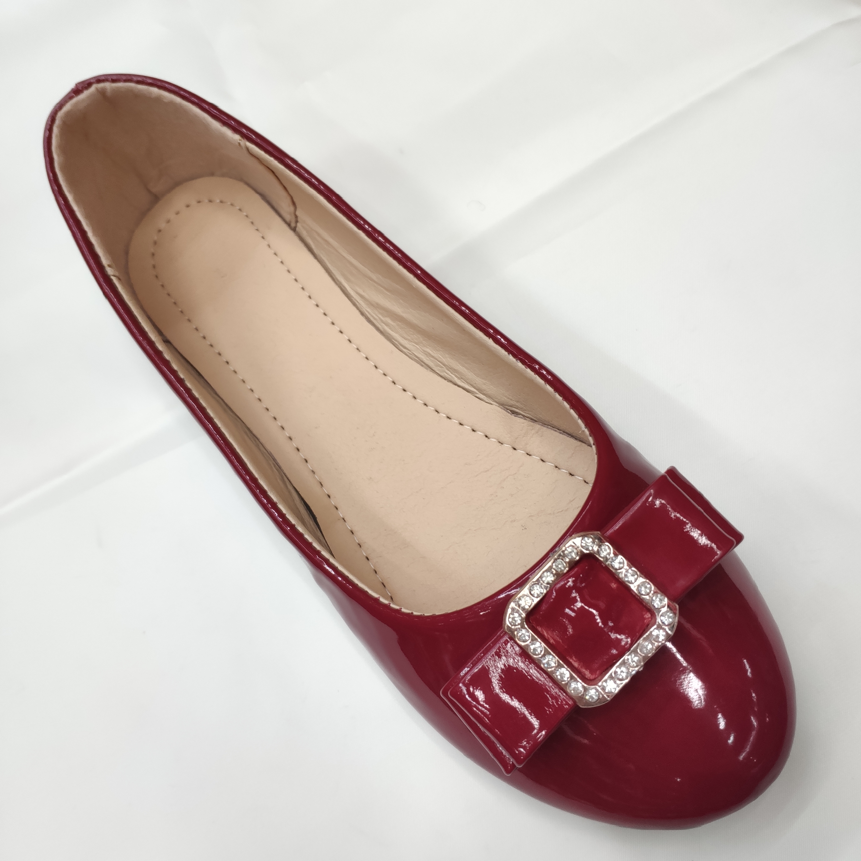 外贸批发女士大红水钻蝴蝶结扣皮鞋平底鞋