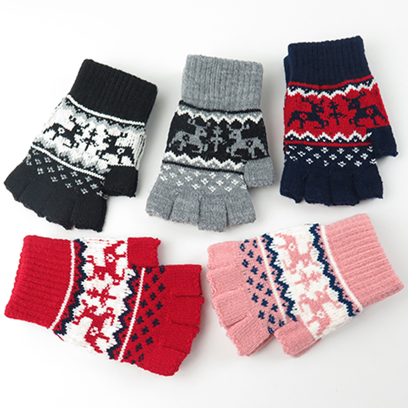 秋冬季女士毛线保暖手套提花双鹿加绒半指厂家直销产品图