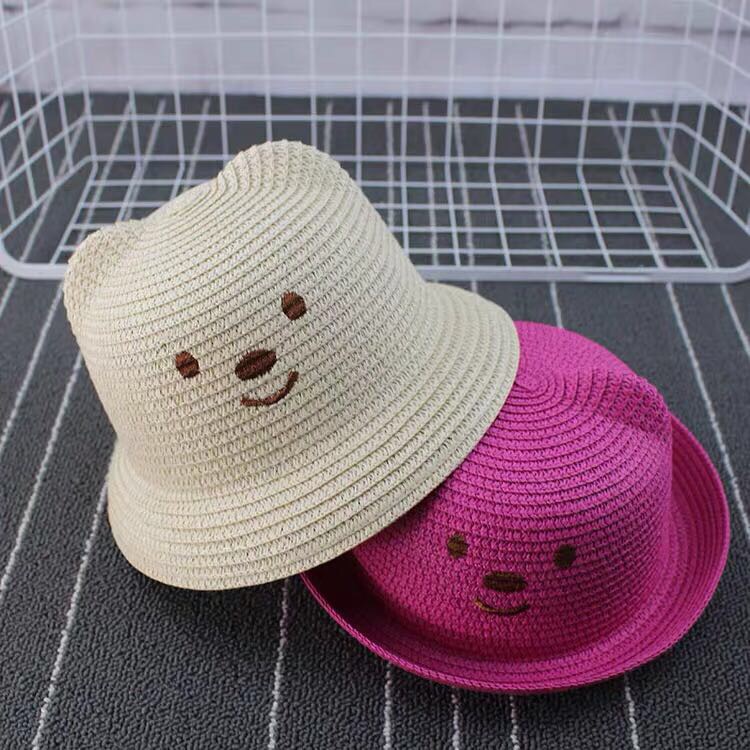 韩版小熊草帽男童女童 儿童帽子 春夏款宝宝盆帽可爱遮阳帽太阳帽