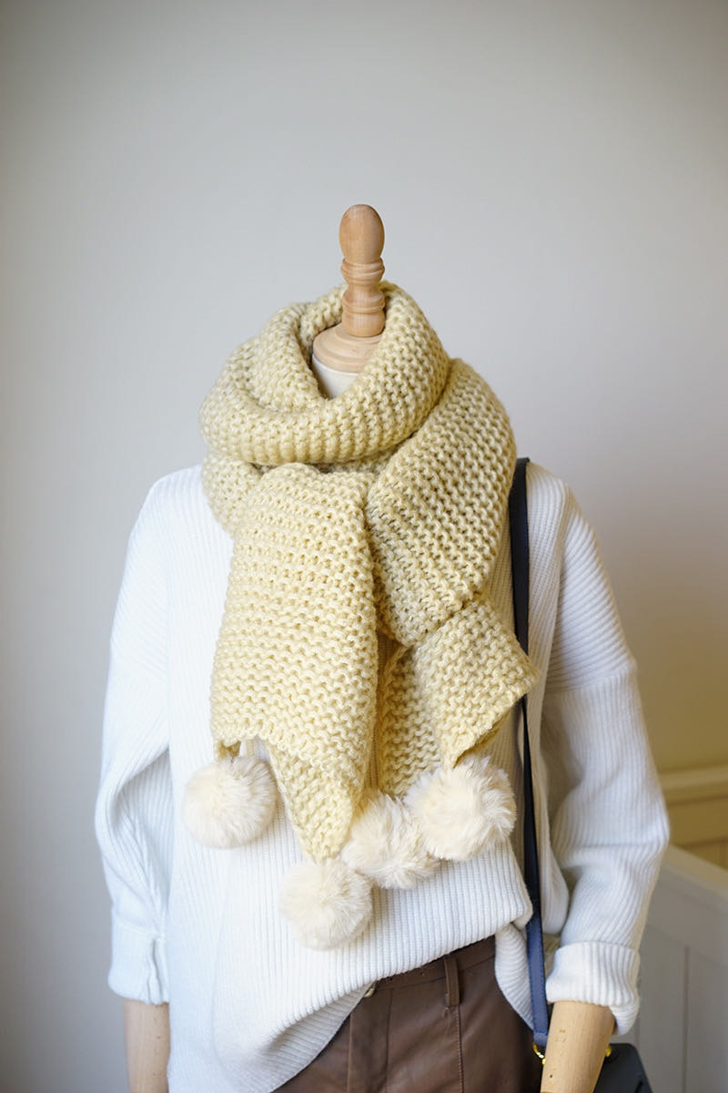 Beige And White Scarf Thickened Wool Knit Scarf Cute Hairball details Picture