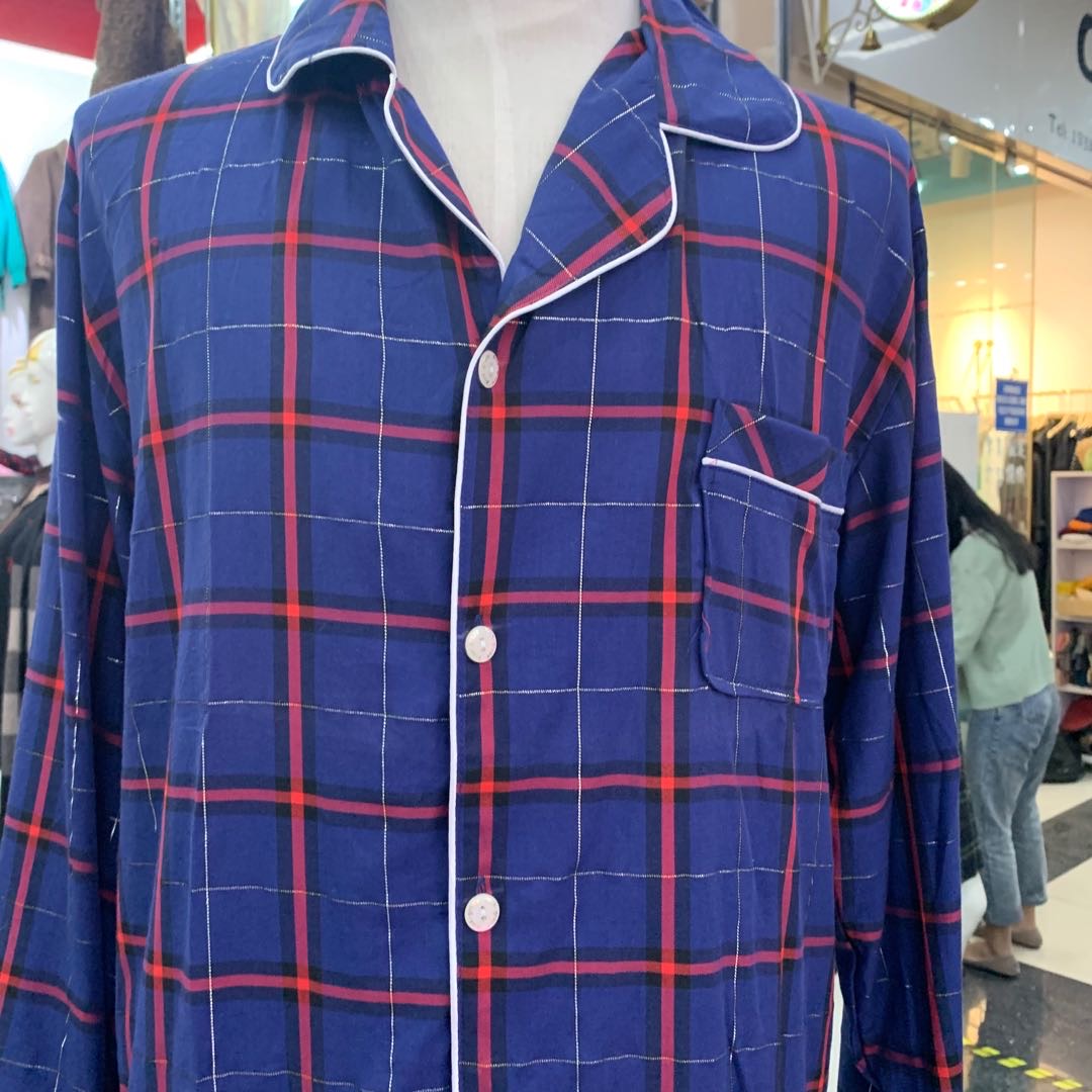 2020 Men's Spring and Autumn Blue checkered home wear, cotton pajamas, fashionable, breathable, soft long pants, long-sleeved set details Picture