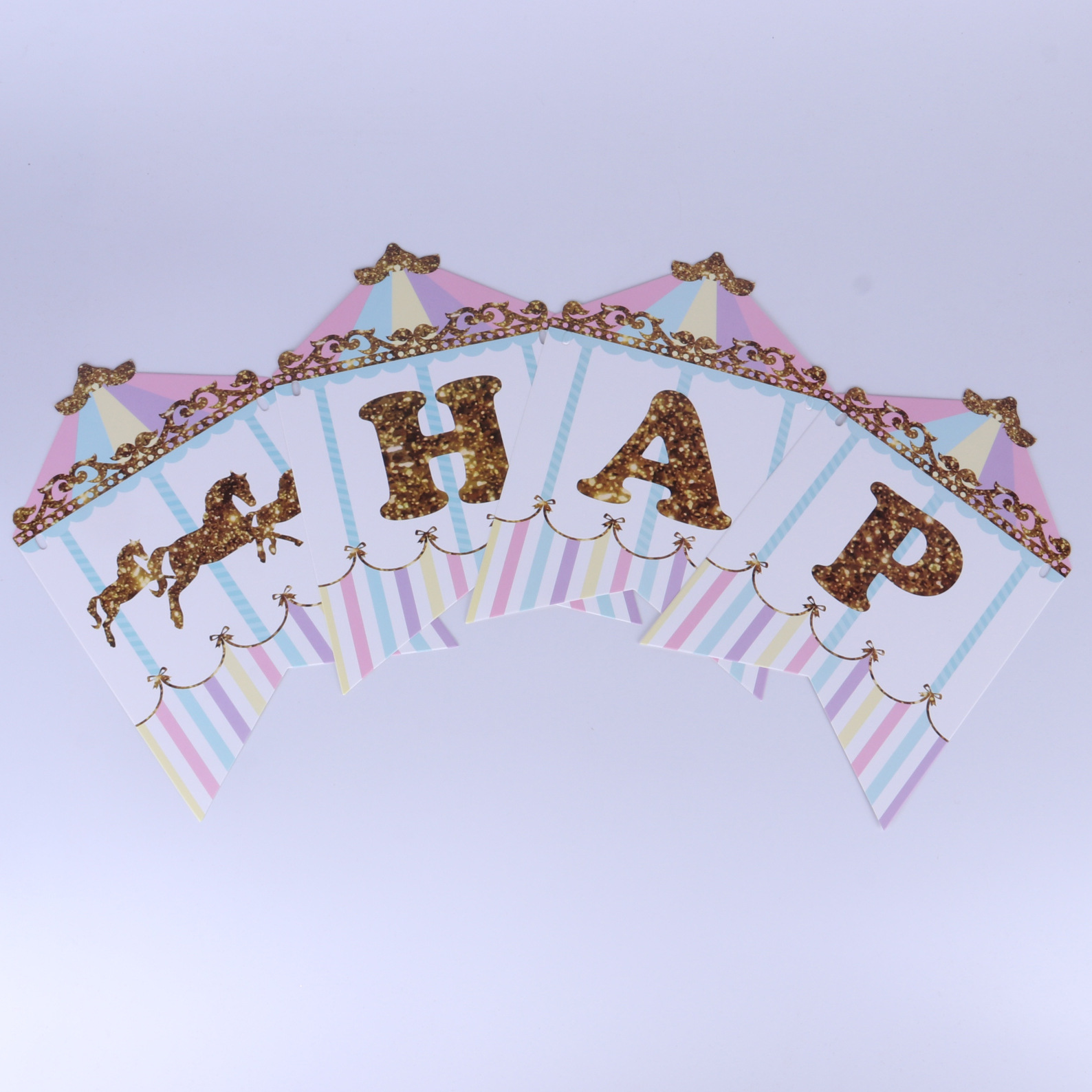 New carousel birthday Happy flag Girl birthday party scene decoration prop Wooden horse flag Specification image