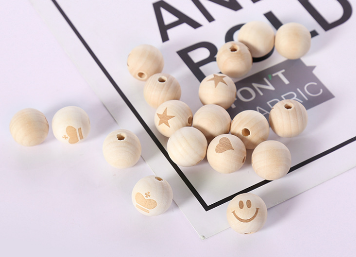 DIY手工饰品配件20mm原木色激光雕刻镭射笑脸木珠荷木珠细节图