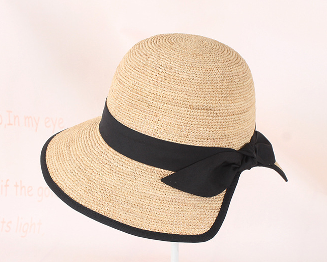 草帽女遮阳帽手钩拉菲草帽女士出行沙滩帽蝴蝶结防晒盆帽批发产品图