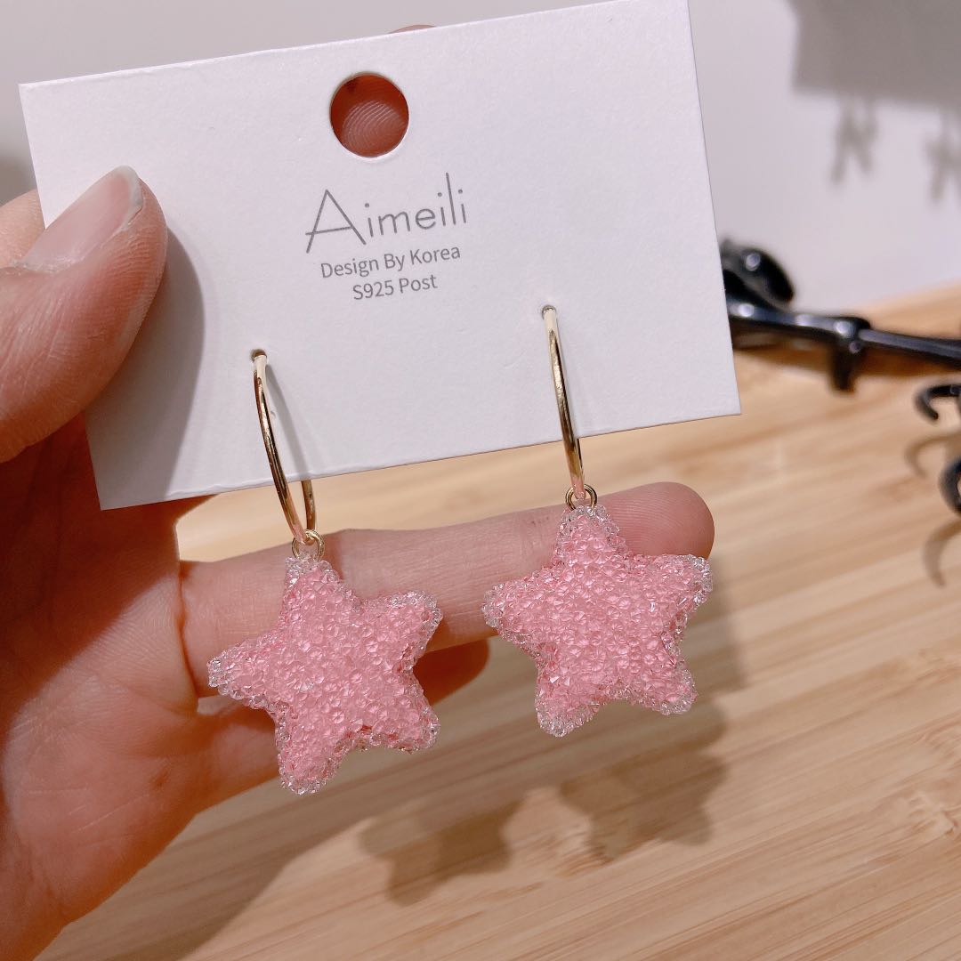 925 silver needle temperament contracted star pink eardrop new style tide earring details Picture