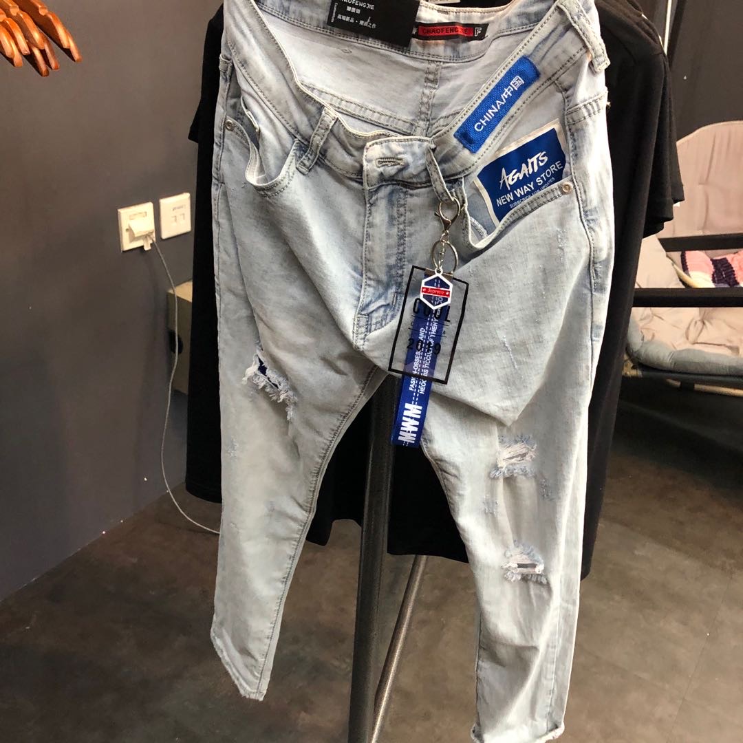 Men's slim-fitting 9-inch jeans for small feet, grey beggar pants of the same style as the quick-hand influencer, social spirit young man pants