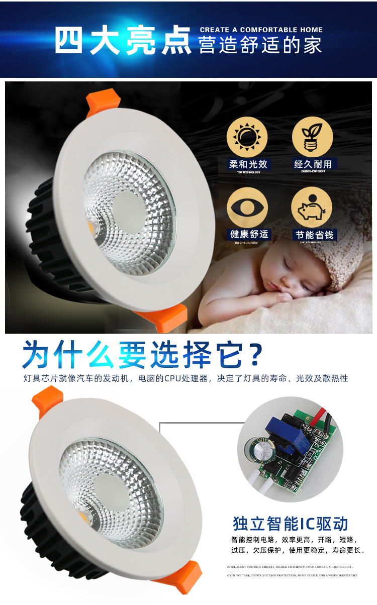 LED压铸COB筒灯 2.5寸3寸4寸6寸8寸5W15W18W24W30W嵌入式天花孔灯产品图