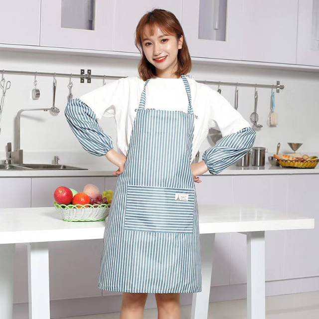 条纹口袋挂带围裙同款袖套女男厨房防污图