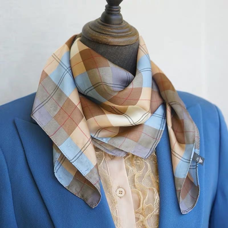 Classic Yellow-Brown Plaid Scarf Silk Scarf Small Square Scarf Ladylike Temperament details Picture