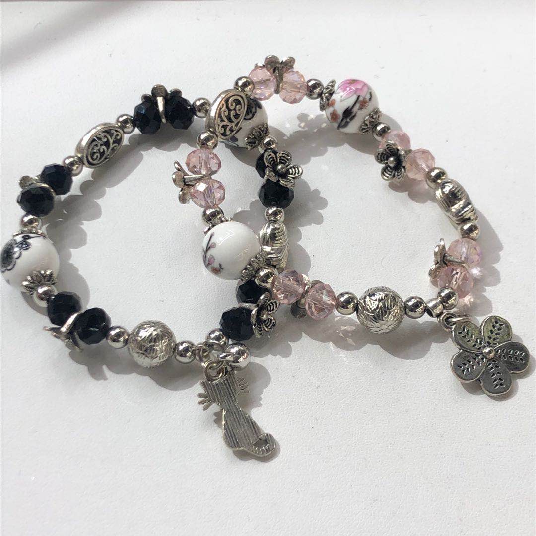 森系韩版气质印花宝石手链手串手工编织气质时尚饰品