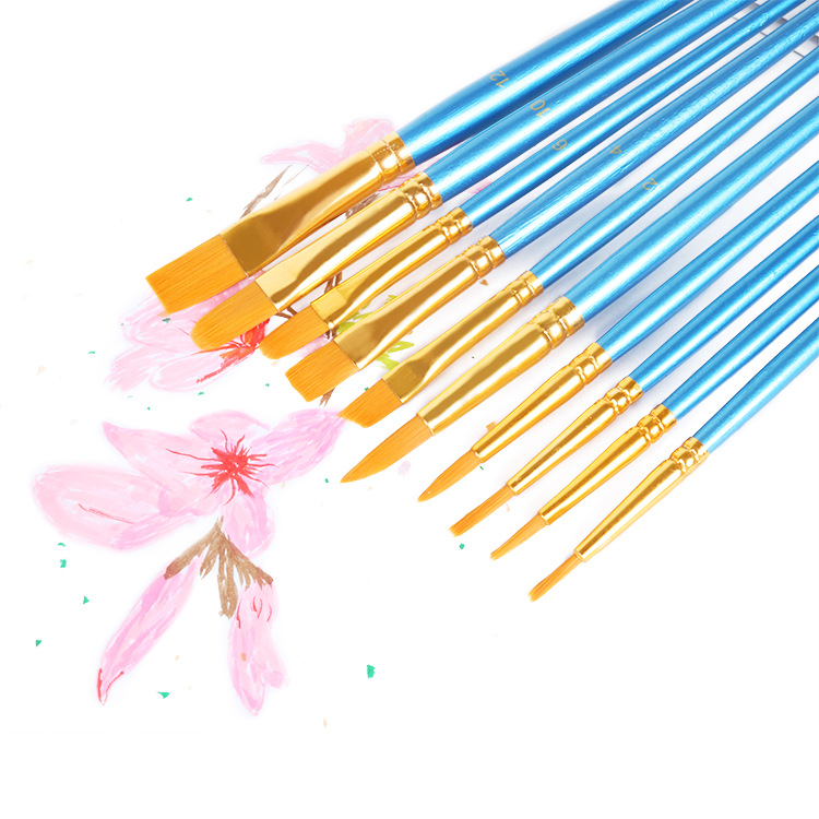 10支蓝色杆油画笔套装儿童彩绘涂鸦水彩笔刷美甲水粉画笔