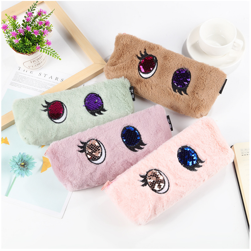 大眼睛绒毛面料笔袋 文具袋大容量学生文具盒毛绒笔袋 UG-911