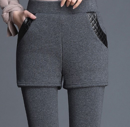 Leggings for women in autumn and winter, with added fleece and thickened outerwear, fake two-piece one-piece skirt pants, thermal cotton pants, winter leather pants and shorts details Picture