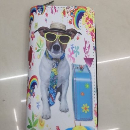 A white wallet with a puppy pattern