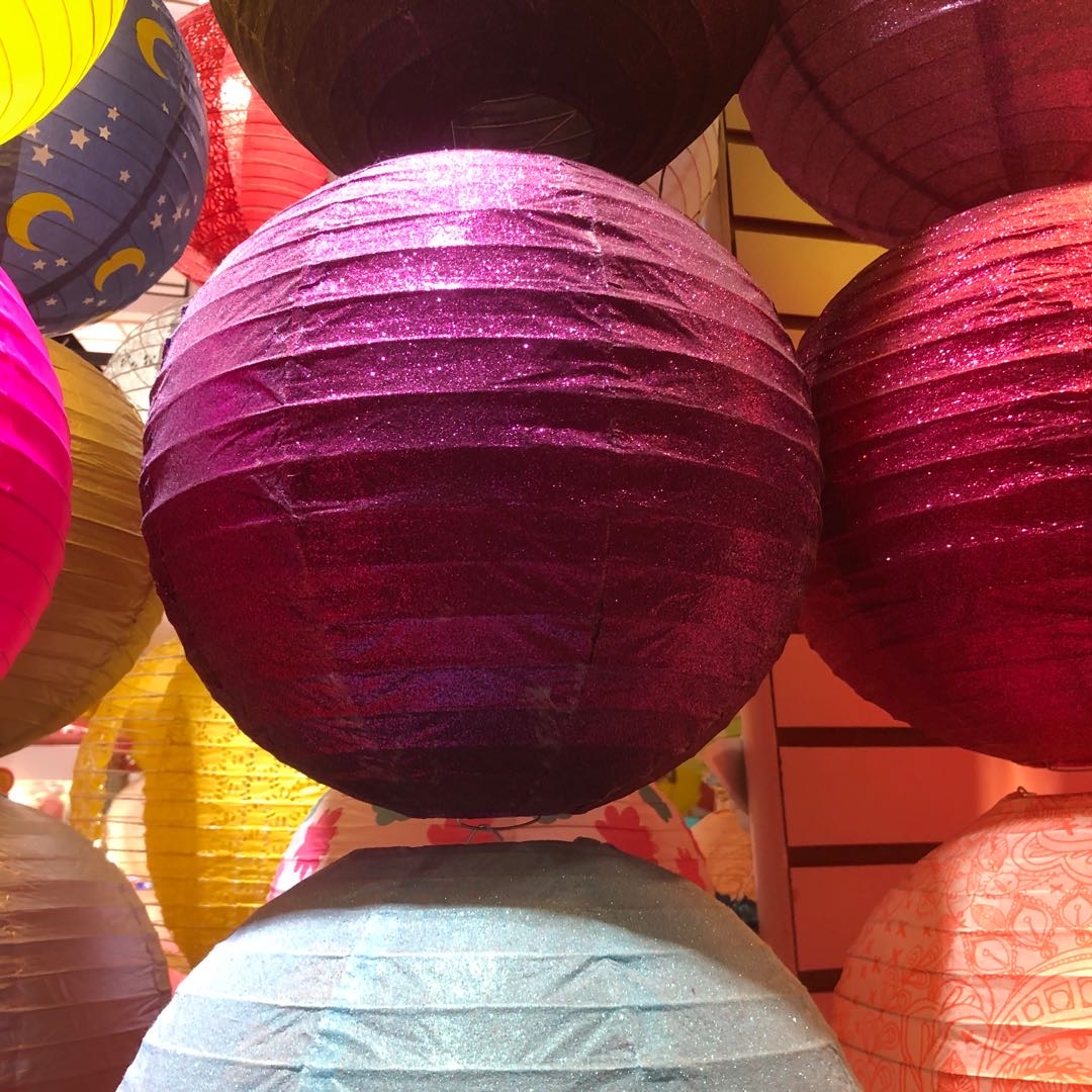 Colorful round paper lanterns, kindergarten pendants, Christmas bright pink children's celebration decorations and arrangements details Picture