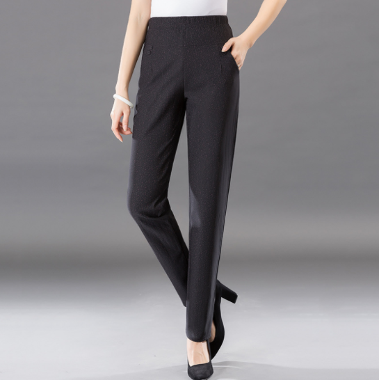 2019新款休闲裤乱麻印花中老年春季女裤弹力舒适妈妈裤女士 超大码