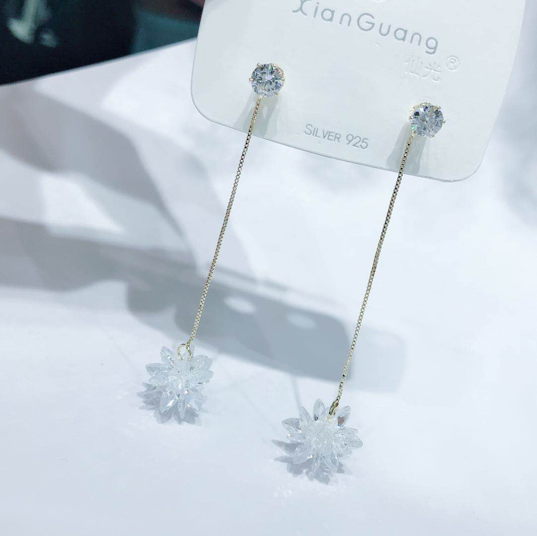 925 sterling silver long crystal ice flower earrings drop female Temperament Korea sweet zircon snow earrings earrings thumbnail
