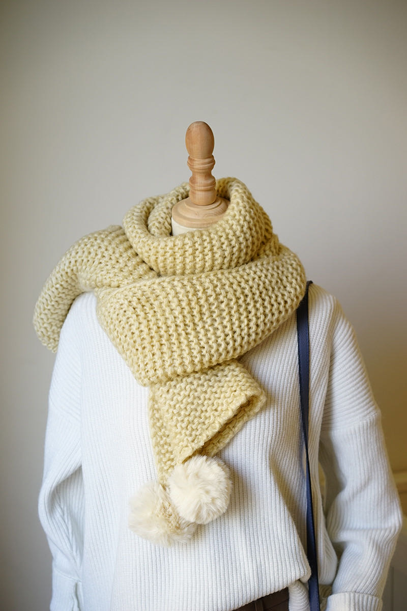 Beige And White Scarf Thickened Wool Knit Scarf Cute Hairball