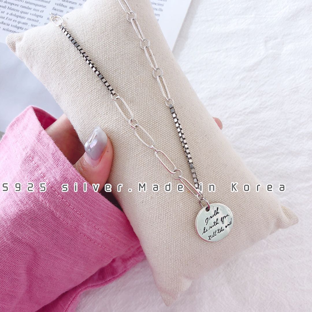 Korean-style engraved round pendant necklace, simple pure silver, high-end, individual, elegant and versatile accessory details Picture
