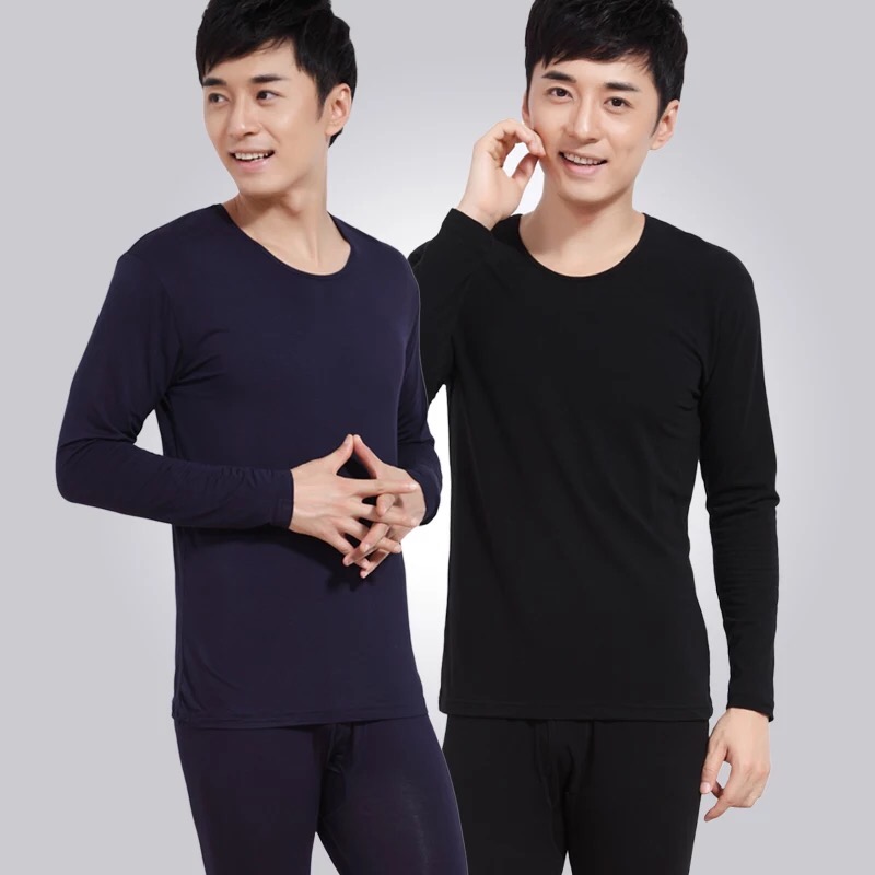 Men's thin solid-color long Johns stealth suit with round collar and bottom thumbnail