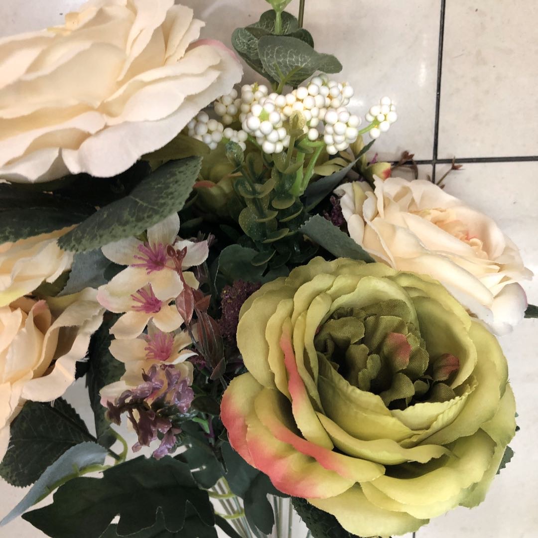 金钱玫多头11叉仿真花束绢布婚庆彩色绢花婚礼插花产品图