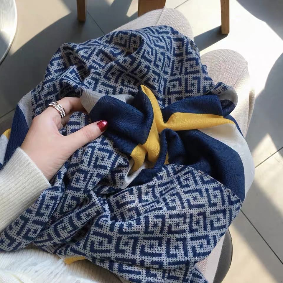 Yellow And Blue Patterned Scarf Thin Silk Scarf Long Cape details Picture