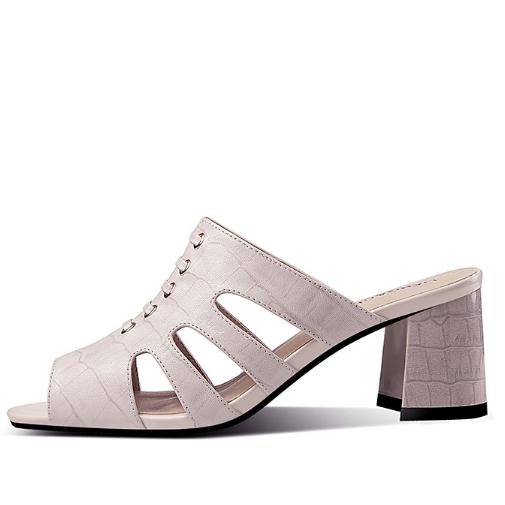 镂空鱼嘴半拖鞋女外穿夏季新款时尚粗跟凉拖女高跟真皮大码女鞋细节图