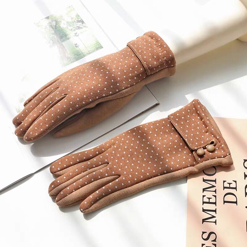 手套女秋冬季韩版波点纽扣触屏加绒保暖骑车手套开车防寒均码手套