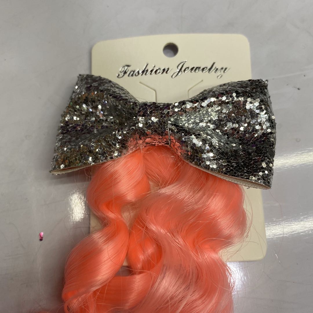 热销新款潮流时尚亮片蝴蝶结超卷撞色假发鸭嘴夹产品图
