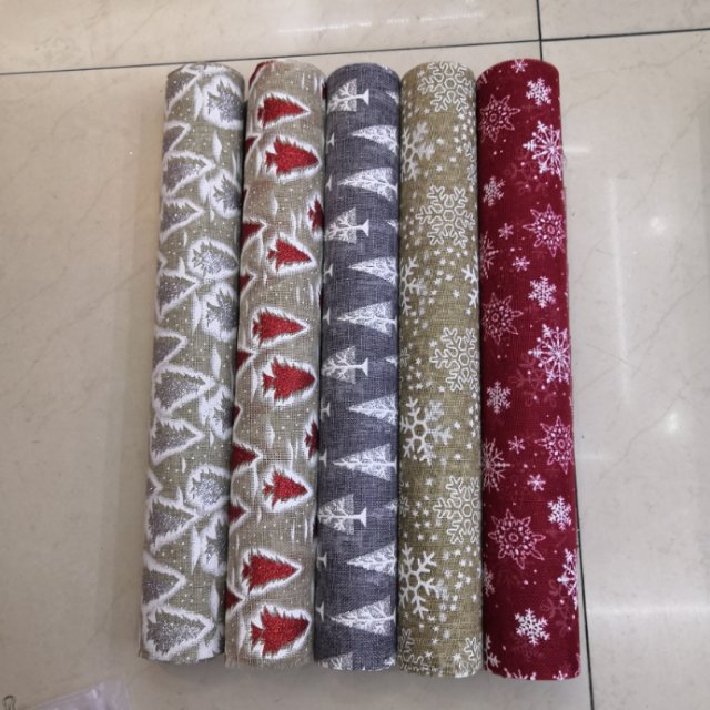 纺麻胶印圣诞图案，装饰布卷桌旗，48cm×5码，60个一件