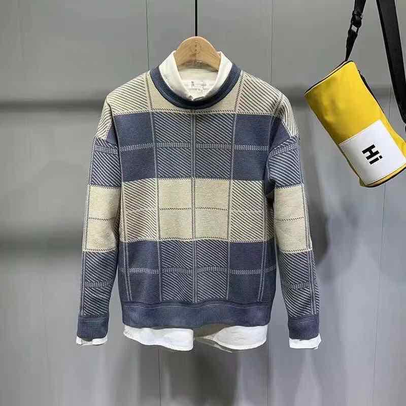 秋冬新品圆领撞色格子毛衣男时尚套头日系复古格纹针织线衣厚青年