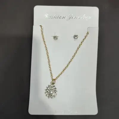 Fashion Everything Simple Gold Alloy Drop Pearl Diamond Necklace Jewel Stud Earrings Set Chain