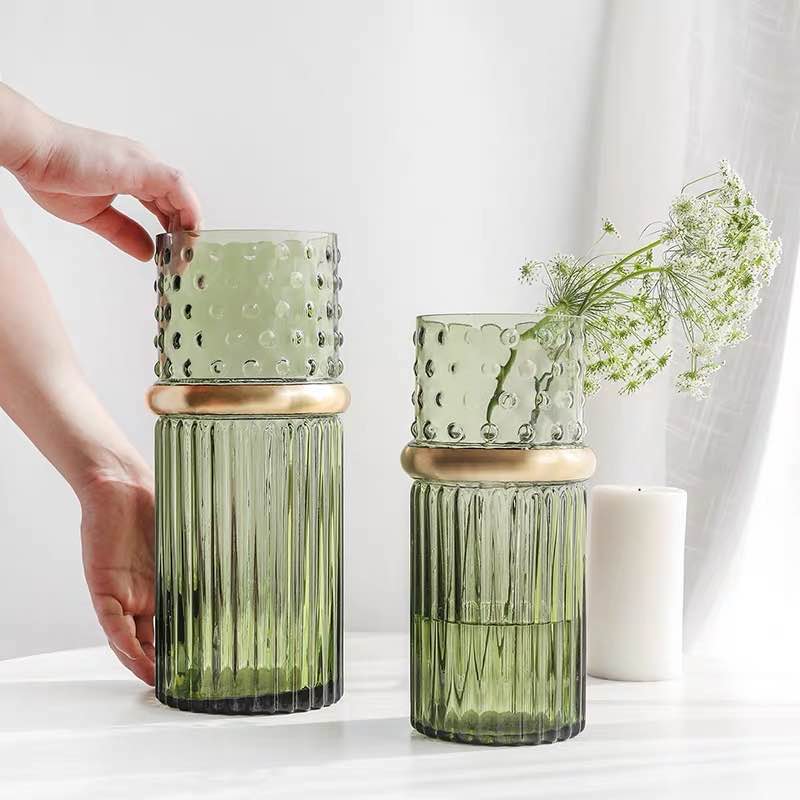 A simple and elegant Nordic style vertical transparent copper ring glass vase with green ivy as a living room decoration Specification image