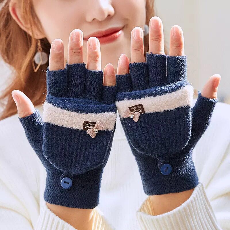 露指手套冬天女冬季半指翻盖棉可爱加厚毛线学生写字加绒保暖防寒图