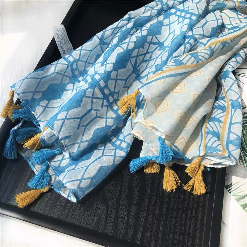 Blue Printed Scarf Long Silk Scarf With Fringe Specification drawing