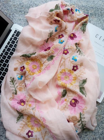 Spring and autumn women's ethnic style versatile artistic embroidered cotton and linen shawl and scarf details Picture